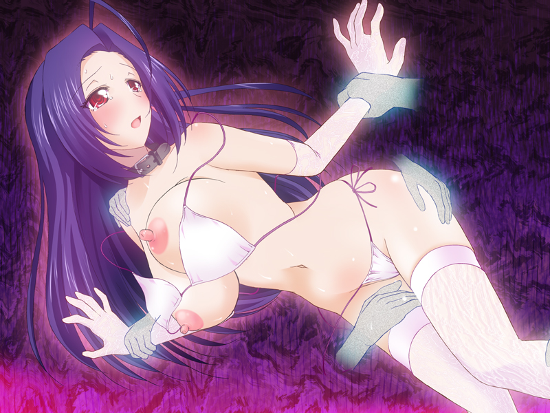 areolae bare_shoulders blue_hair blush bra breasts elbow_gloves erect_nipples female groping hair idolmaster large_breasts legwear long_hair miura_azusa molestation nakano_kinzan navel nipples open_mouth panties red_eyes restrained standing stripped sweat tear thighhighs