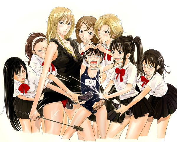 1boy 6+girls 7girls age_difference assisted_rape black_hair black_skirt blonde_hair boy_rape brown_hair character_request crying cum female_rapist femboy femdom glasses handjob headband long_hair male_rape_victim malesub many_on_one mature milf multiple_girls penis rape riding_crop school_uniform schoolboy short_hair smile strap-on strap-on_under_skirt teacher tears