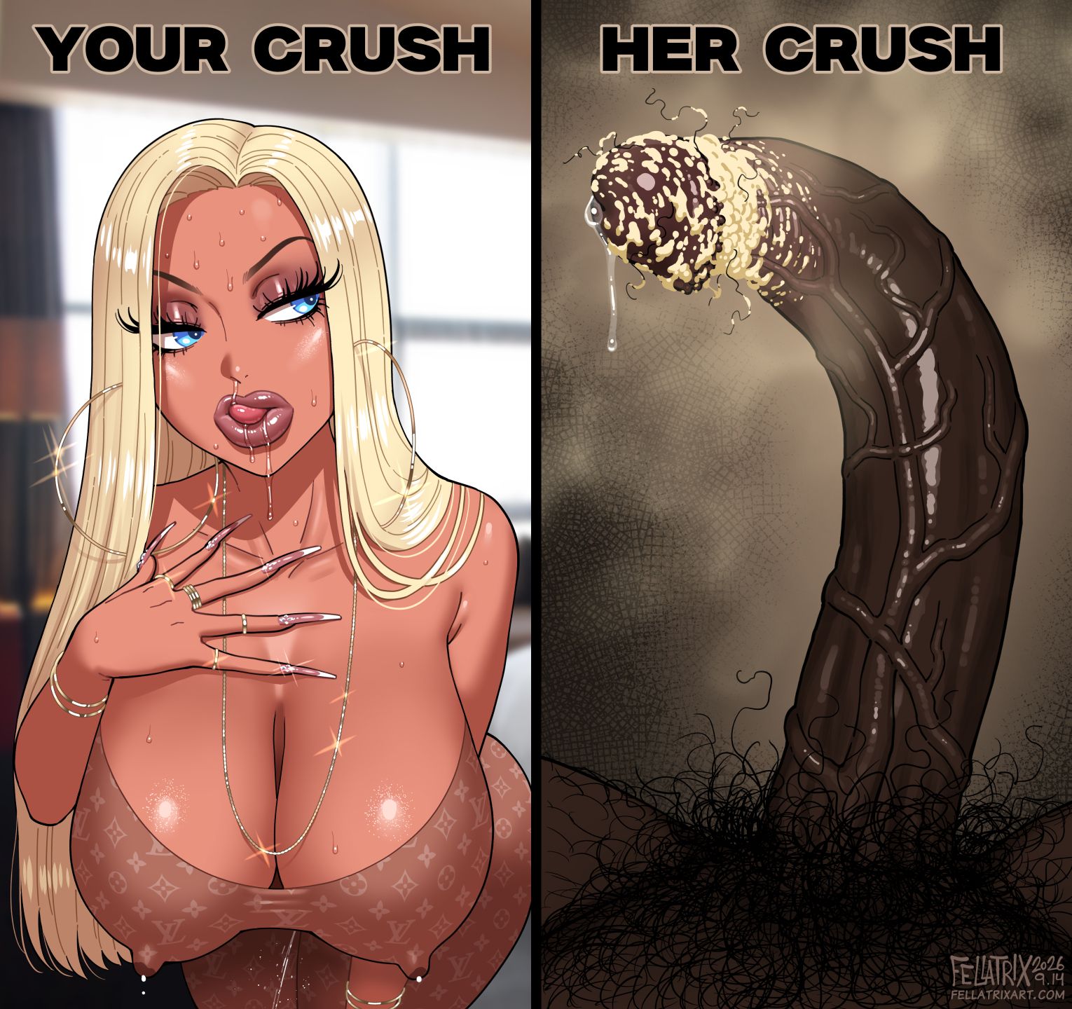 1boy, 1girls, 2026, 2d, babecock, big breasts, big penis, bimbo, bimbo lips, blonde hair, blue eyes, brittany (fellatrix), dark skin, dark-skinned male, excessive smegma, fellatrix, gigantic breasts, gigantic penis, gyaru, huge breasts, huge cock, huge lips, imminent sex, interracial, jewelry, lactation, light-skinned female, long fingernails, louis vuitton, netorare, nipples visible through clothing, ntr, partial male, precum, pubic hair, saliva, saliva drip, seductive look, smegma, smegma in foreskin, smegma on penis, snot, snot drip, split screen, tan skin, thick penis, tongue out, veiny penis