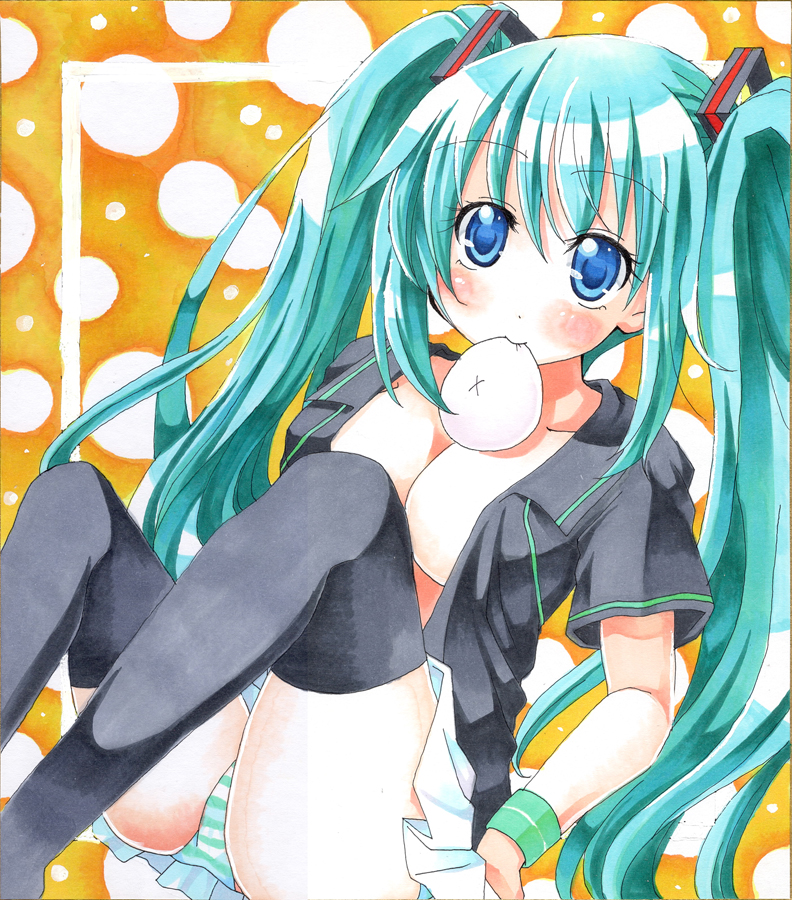 1girls aqua_hair black_legwear blue_eyes blush breasts cleavage female food hair hakumensu hatsune_miku large_breasts long_hair looking_at_viewer mound_of_venus mouth_hold open_clothes open_shirt panties shirt sketch skirt solo striped striped_panties thighhighs tied_hair twintails upskirt vocaloid wrist_band