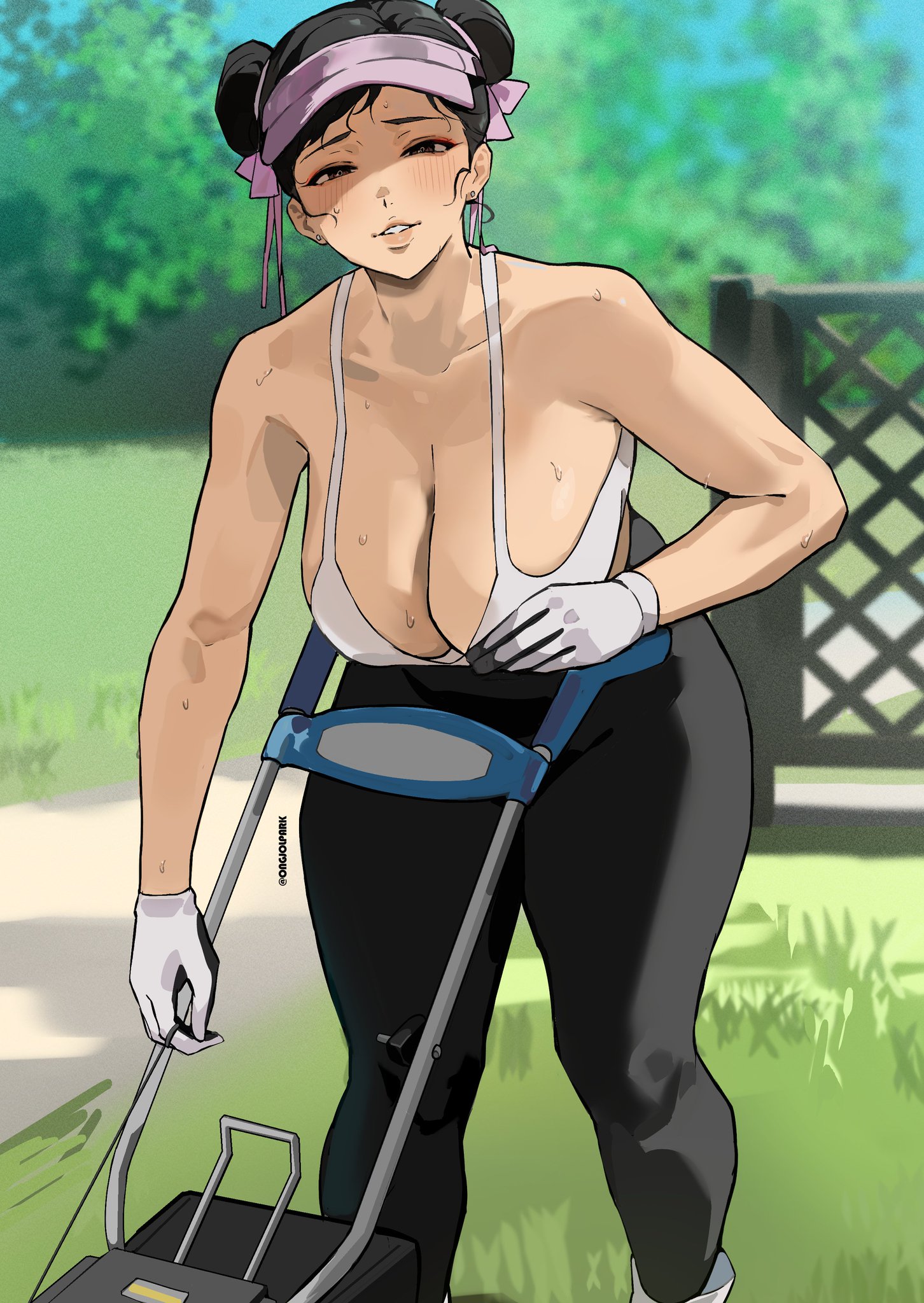 1girls, 2026, 2d, 2d (artwork), asian, asian female, big breasts, black hair, blush, boobs, breasts, brown eyes, capcom, chun-li, cleavage, curvy, earrings, female, female only, gloves, huge breasts, large breasts, legs, light skin, light-skinned female, looking at viewer, mowing lawn, ongjolpark, seductive look, solo, street fighter, street fighter 6, tank top, thick, thick legs, thick thighs, thighs, twin buns, voluptuous female