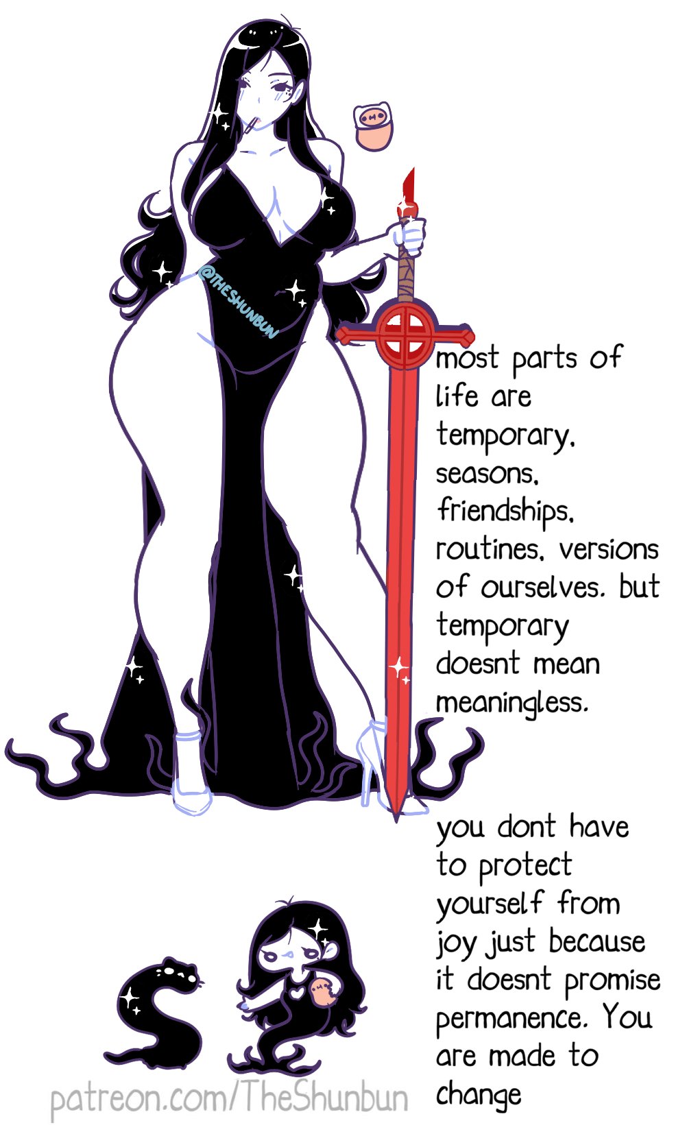 advice, beauty mark, big breasts, black dress, black hair, blush, blushing, cat, chibi, cigarette, cigarette in mouth, cleavage, curvaceous, curvaceous female, curvaceous figure, curvy, curvy female, curvy figure, dress, emotional support, encouragement, encouraging, encouraging viewer, exposed thighs, finn the human, finn the human (cosplay), goth, goth girl, gothic, heels, high heels, hourglass figure, hourglass figured female, kawaii potato, large breasts, lasombra, long hair, looking at viewer, motivational, original character, pale skin, pale-skinned female, pelvic curtain, sexy dress, sparkles, sword, talking to viewer, theshunbun, thick thighs, thin waist, v-neck, vampire, vampire girl, vampire the masquerade, voluptuous, voluptuous body, voluptuous female, weapon, white skin, wholesome, wholesome as fuck, wholesome end, wide hips