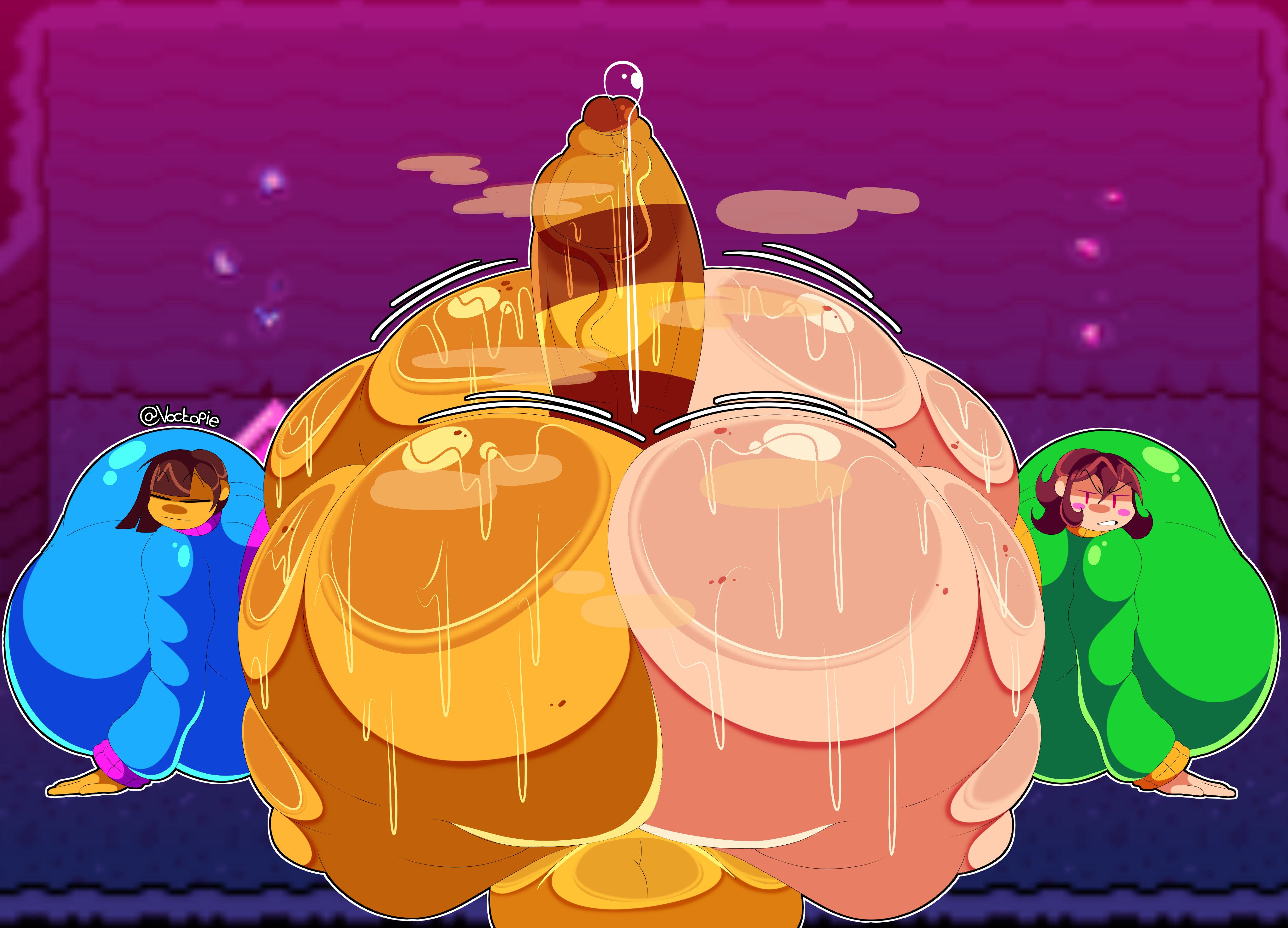 1boy, 2girls, ass bigger than head, ass bigger than torso, assjob, chara, frisk, hyper ass, hyper penis, penis, undertale, undertale (series), voctopie