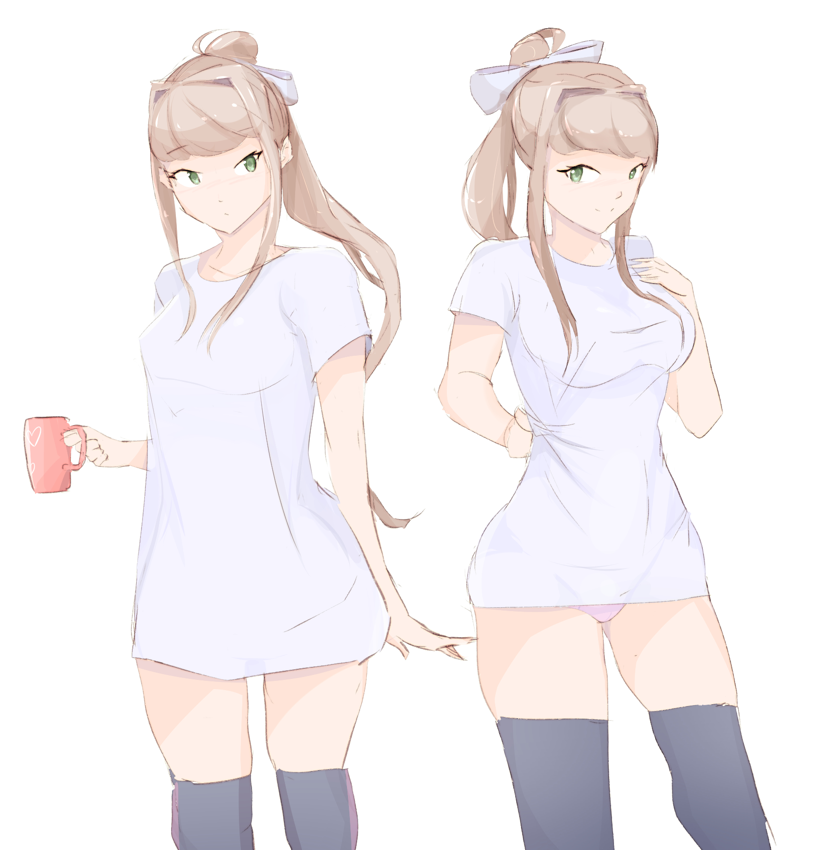 1girls, black legwear, black thighhighs, bow, brown hair, doki doki literature club, female, green eyes, holding mug, holding object, legwear, looking at viewer, monika (doki doki literature club), mug, panties, pink panties, ponytail, shirt, solo, standing, thighhighs, white background, white bow, white shirt