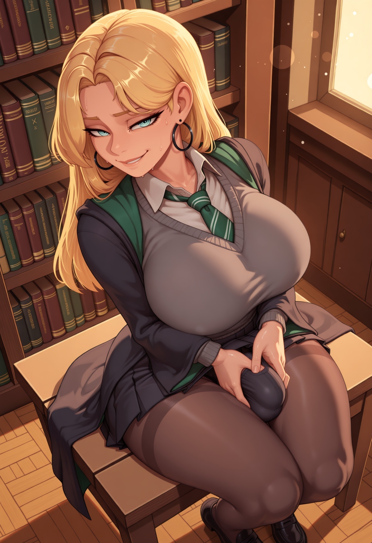 1futa, ai generated, arched back, athletic, athletic futa, athletic futanari, bent legs, big ass, big breasts, big cock, big penis, biting own lip, black footwear, black headwear, black jacket, black pantyhose, black skirt, blonde hair, blush, book, bookshelf, breasts, brown pantyhose, buff, bulge, cardigan, chubby, closed legs, coat, cock, collared shirt, cowboy shot, curvy body, curvy figure, curvy futa, desk, draco malfoy, draco malfoy (redteneri), dutch angle, earrings, erect penis, erection, erection under clothes, forehead, from above, full body, futa only, futanari, futanari masturbation, green eyes, green necktie, grey sweater, grey vest, grin, half-closed eyes, half-erect, hand on penis, handjob, harry potter, harry potter (series), hat, hogwarts school uniform, hoop earrings, hourglass figure, huge ass, huge breasts, huge cock, huge penis, human, hung futanari, indoors, jacket, jewelry, large ass, large breasts, large cock, large penis, library, light skin, lips, loafers, long eyelashes, long hair, long sleeves, looking at viewer, malfoy, masturbating, masturbation, miniskirt, muscular futa, muscular futanari, muscular legs, muscular thighs, naughty face, necktie, nose, nose blush, on desk, open clothes, pale skin, pantyhose, parted bangs, parted hair, parted lips, penis, pleated skirt, plump, presenting, reiqunai, saliva drip, school uniform, self fondle, semi-erect, shiny skin, shirt, shoes, side bangs, sitting, sitting on desk, skindentation, skirt, small waist, smile, smiling, smooth skin, solo, stockings, straight hair, striped necktie, stroking, stroking cock, stroking penis, sweater, sweater vest, thick ass, thick body, thick legs, thick thighs, thigh sex, thigh squeeze, thighband pantyhose, thighs, tits, toned, uniform, voluptuous, white shirt, white skin, wide hips, window