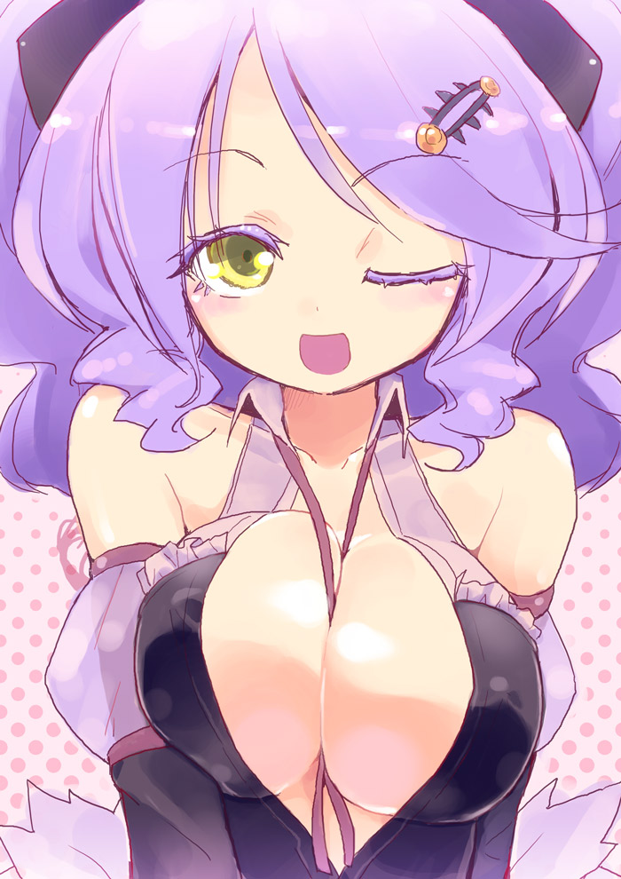 1girls, between breasts, breasts, chandelure, cleavage, colored eyelashes, costume, female, female only, homura subaru, large breasts, open mouth, personification, pokemon, purple hair, solo, wink, yellow eyes
