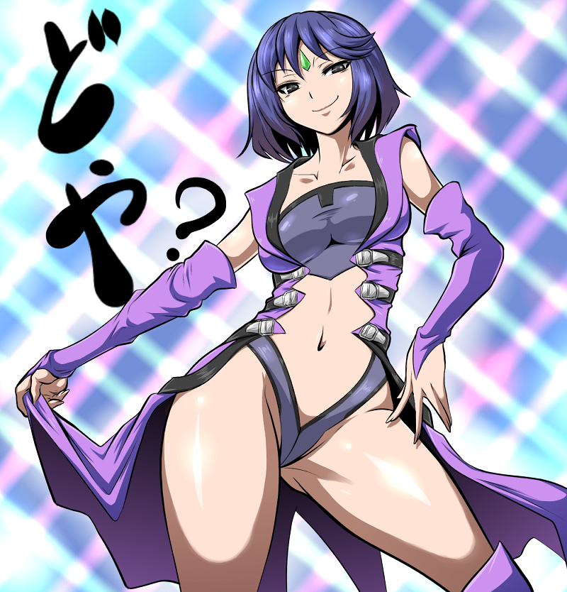 aguija blue_hair breasts collarbone detached_sleeves forehead_jewel hair kara_age large_breasts midriff navel short_hair simple_background smirk super_robot_wars super_robot_wars_original_generation thick_thighs thighs