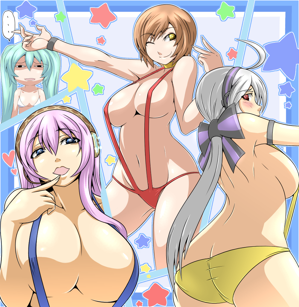 ass back backboob blue_eyes blush bow breast_envy breasts brown_hair butt_crack cleavage female_only finger_to_mouth grey_hair hairbow hatsune_miku heart huge_breasts kara_age long_hair megurine_luka meiko mound_of_venus multiple_girls navel open_mouth pink_hair ponytail red_eyes short_hair sideboob silver_hair sling_bikini smirk star swimsuit tied_hair vocaloid wink yowane_haku