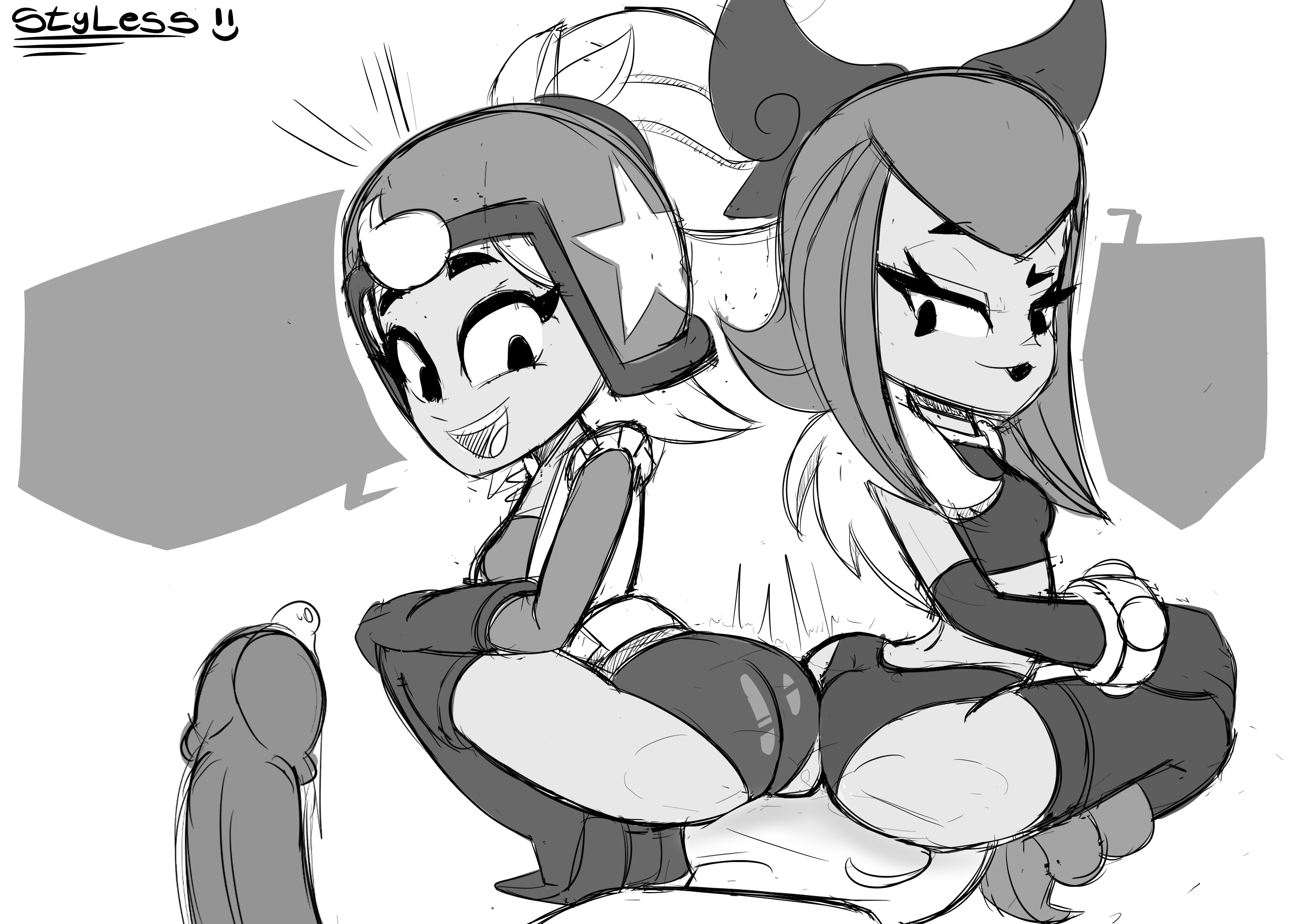 1boy, 2girls, big penis, brawl stars, clothed, cock, double facesitting, facesitting, femdom, hetero, janet (brawl stars), melodie (brawl stars), panties, papersketch, precum, precum drip, shorts, sketch, soft femdom
