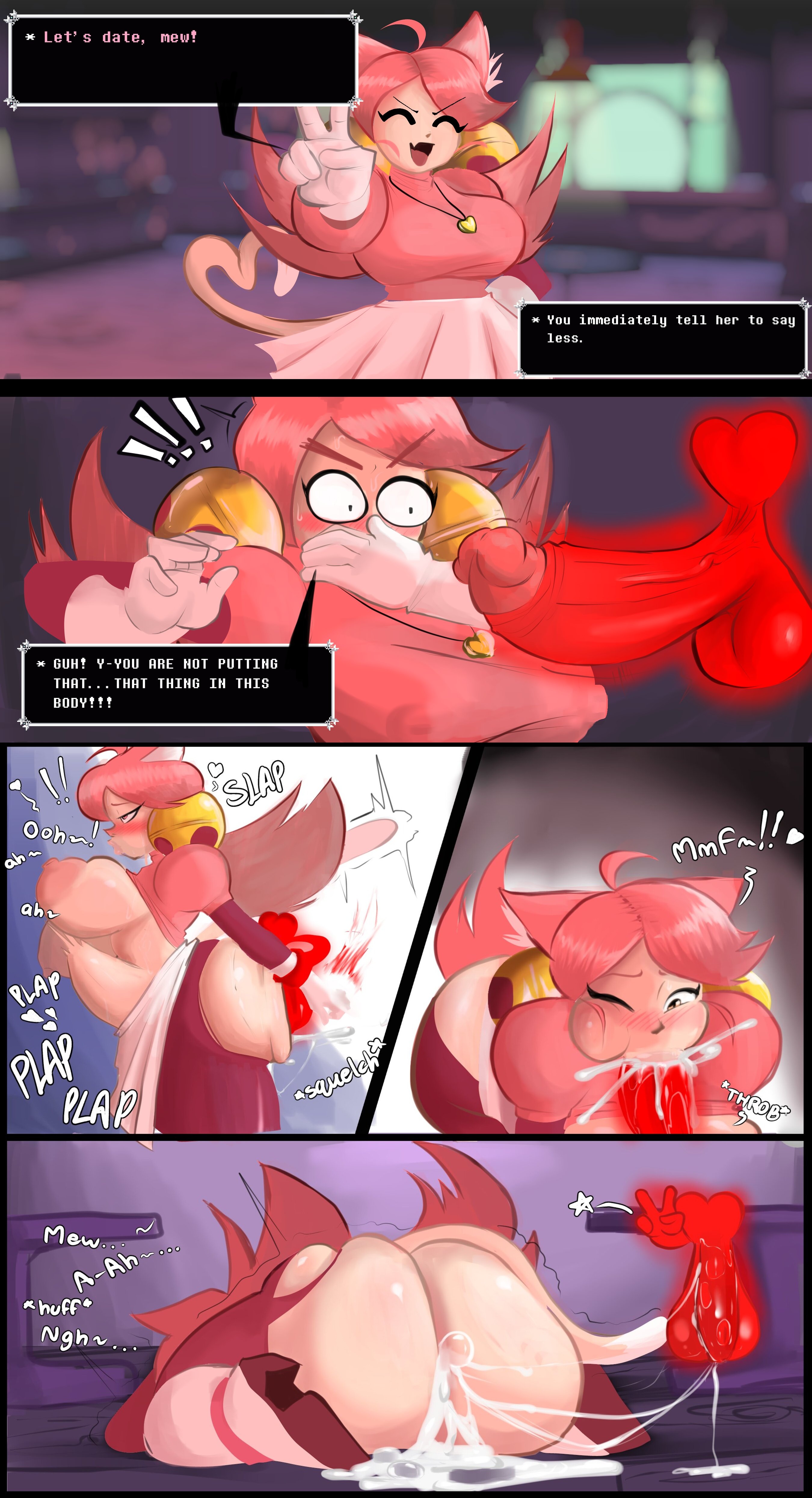 1boy, 1girls, after sex, artist request, ass, big ass, big breasts, big penis, blowjob, blush, breasts, collar, comic, cum, cum in pussy, cum inside, deltarune, english text, gloves, heart, jewelry, large breasts, large penis, mad mew mew, penetration, pink (deltarune), pink hair, sex, soul (deltarune), speech bubble, tagme, tail, torn clothing, vaginal, white gloves