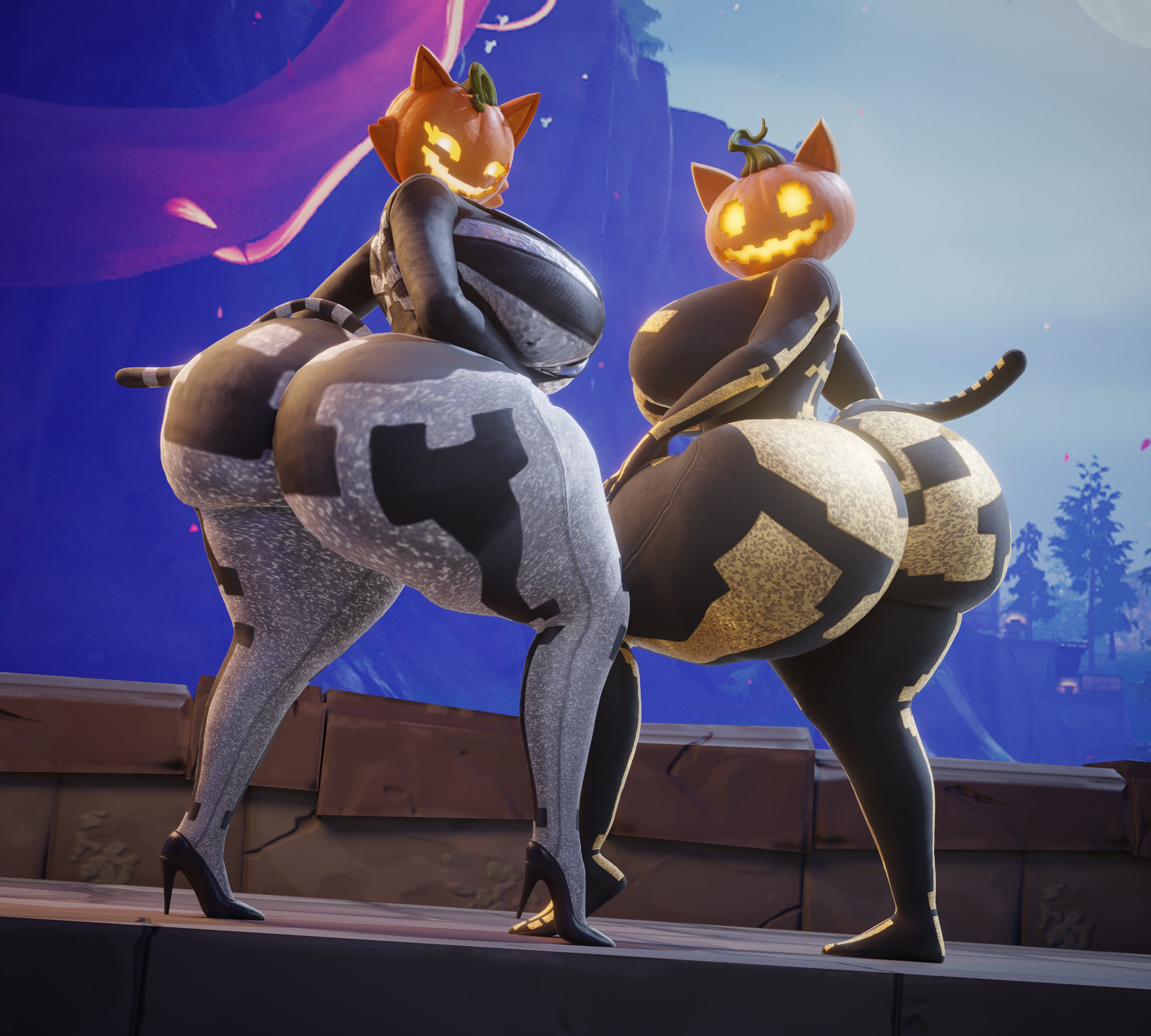 2girls, 3d, 3d (artwork), anthro, ass, big ass, big breasts, big thighs, breasts, bubble ass, bubble butt, cat ears, cat girl, cat tail, catgirl, ctgiantess, female, female focus, female only, fortnite, fortnitemares, gigantic ass, gigantic breasts, gigantic thighs, halloween, huge ass, huge breasts, huge thighs, hyper, hyper ass, hyper breasts, hyper thighs, looking at viewer, pumpkin, pumpkin head, spice (fortnite), sugar (fortnite), thick thighs, thighs, voluptuous, voluptuous female