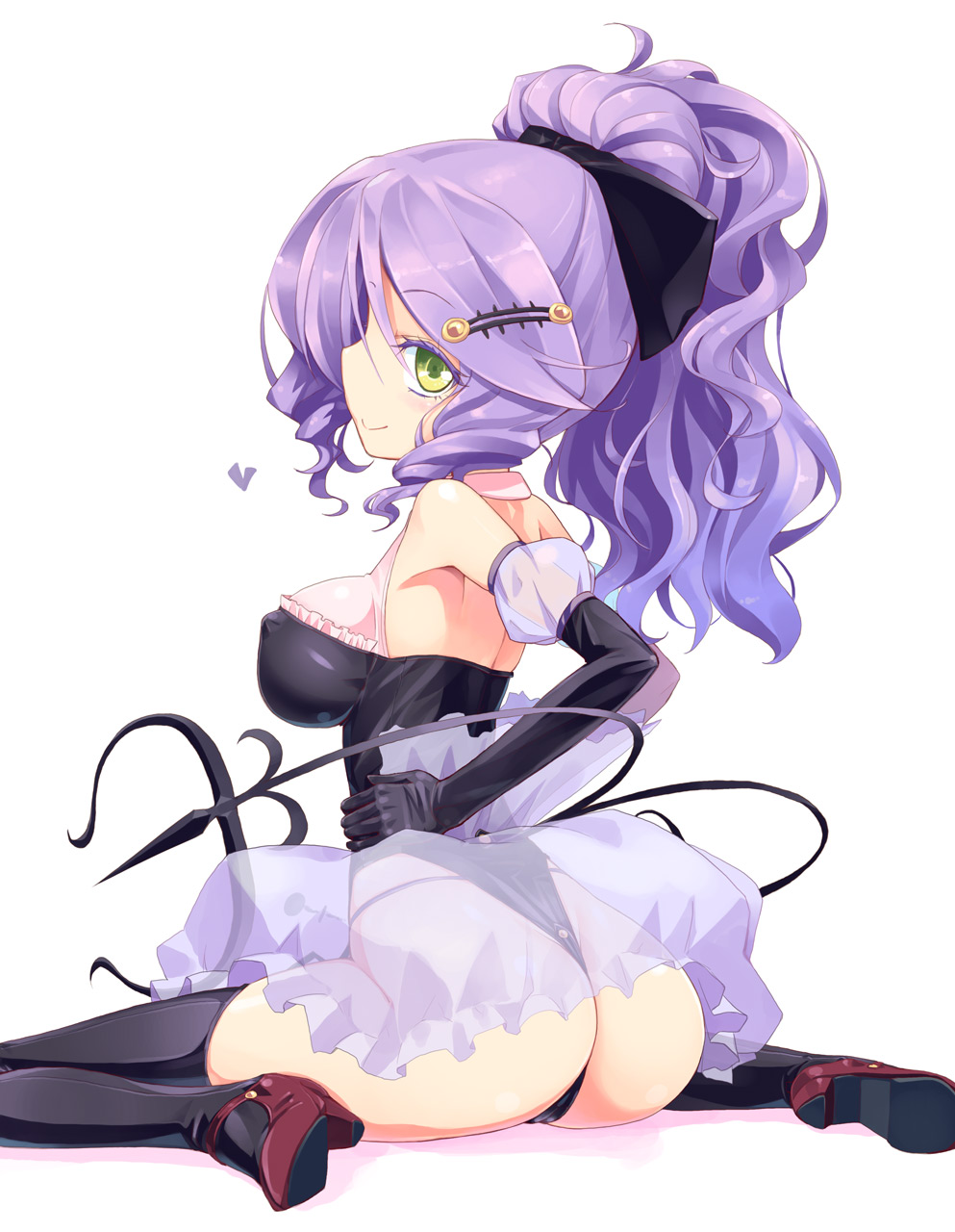1girls, ass, black legwear, bow, breasts, chandelure, costume, elbow gloves, erect nipples, female, gloves, green eyes, hair ornament, hairbow, hairclip, heart, highres, homura subaru, large breasts, leotard, looking back, nintendo, nipples, personification, pokemon, ponytail, purple hair, see-through, simple background, smile, solo, thighhighs, tied hair, white background