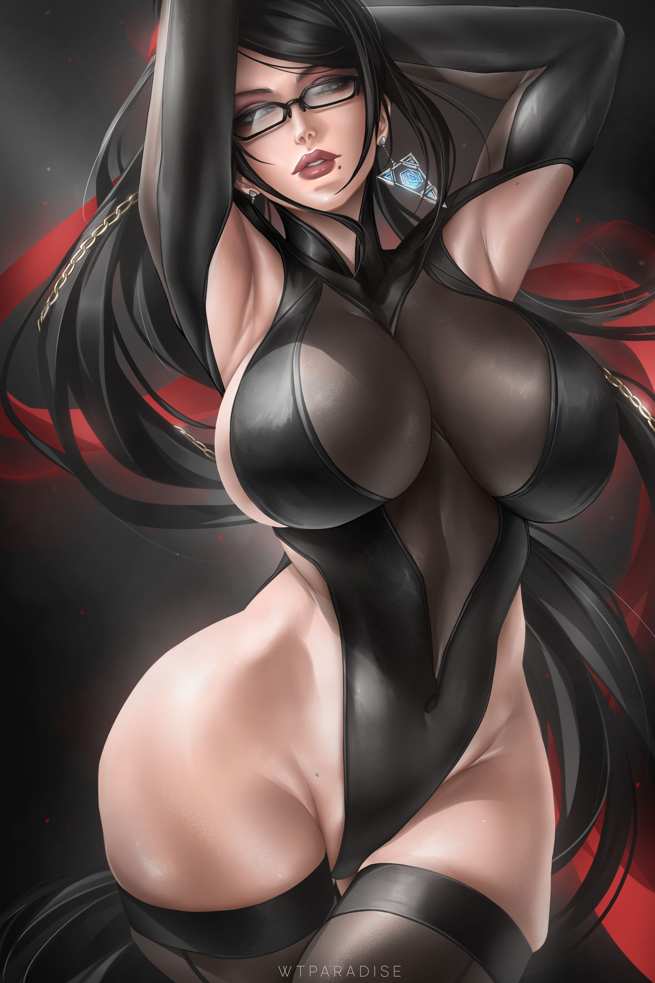 1girls, armpits, arms up, bayonetta, bayonetta (character), big breasts, black hair, breasts, curvy, curvy female, curvy figure, earrings, female, female only, full lips, glasses, large breasts, light skin, light-skinned female, lips, looking at viewer, mole, seductive look, solo, thick lips, thick thighs, thighhighs, thighs, voluptuous female, wide hips, wtparadise