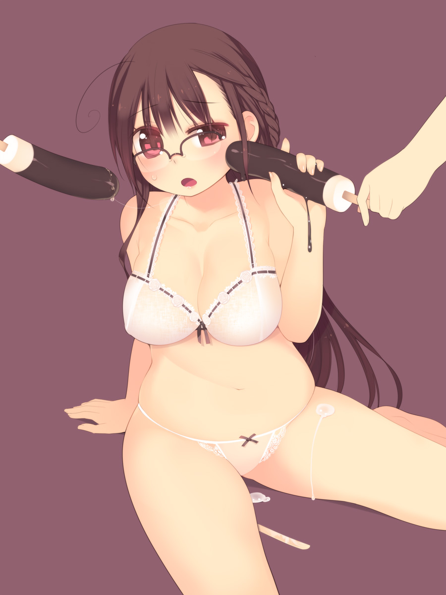 ahoge arima_senne bra braid breasts brown_hair chocolate_banana cleavage eyebrows_visible_through_hair female female_focus food glasses highres human kashiwamochi_yomogi large_breasts lingerie long_hair midriff navel original panties plump red_eyes saliva sexually_suggestive solo_focus underwear