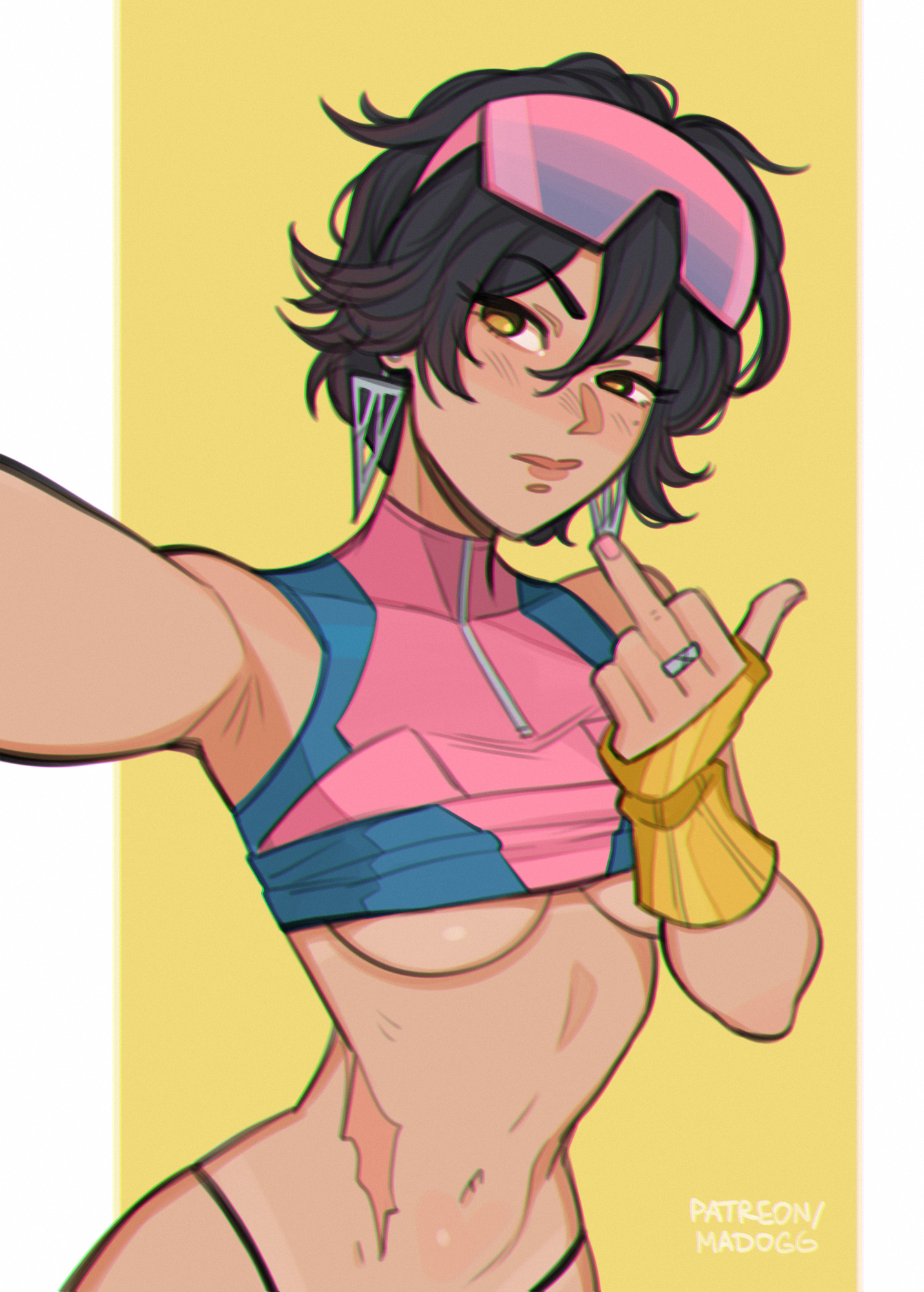 1girls, 2d, breasts, breasts out, female, female only, flipping off, flipping viewer off, jubilation lee, jubilee, jubilee (marvel rivals), kneeling, madogg, marvel, marvel rivals, middle finger, midriff, navel, shirt lift, shirt up, solo, thick thighs, underboob