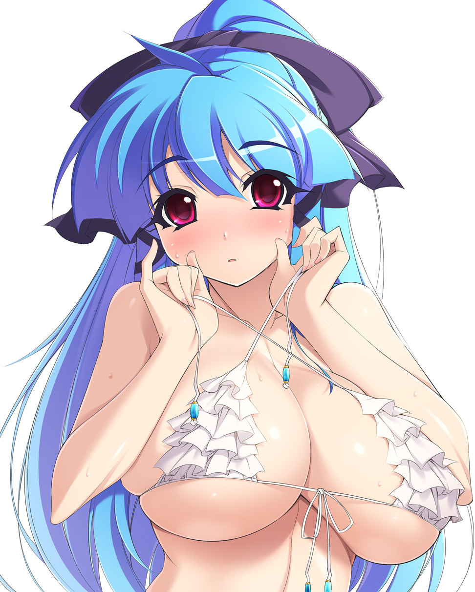 1girls bikini blue_hair blush breasts cleavage female hair_ribbon highres huge_breasts long_hair mel/a melmaid micro_bikini open_mouth original pink_eyes ponytail ribbon skindentation solo sweat tied_hair underboob