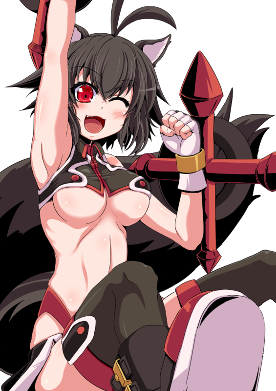 1girls alternate_color animal_ear armpits bare_shoulders black_hair black_legwear blazblue blush boots breasts cute_fang female fingerless_gloves gloves large_breasts makoto_nanaya miniskirt navel red_eyes short_hair skirt solo squirrel_ear squirrel_tail tail thighhighs tonfa underboob weapon white_background wink