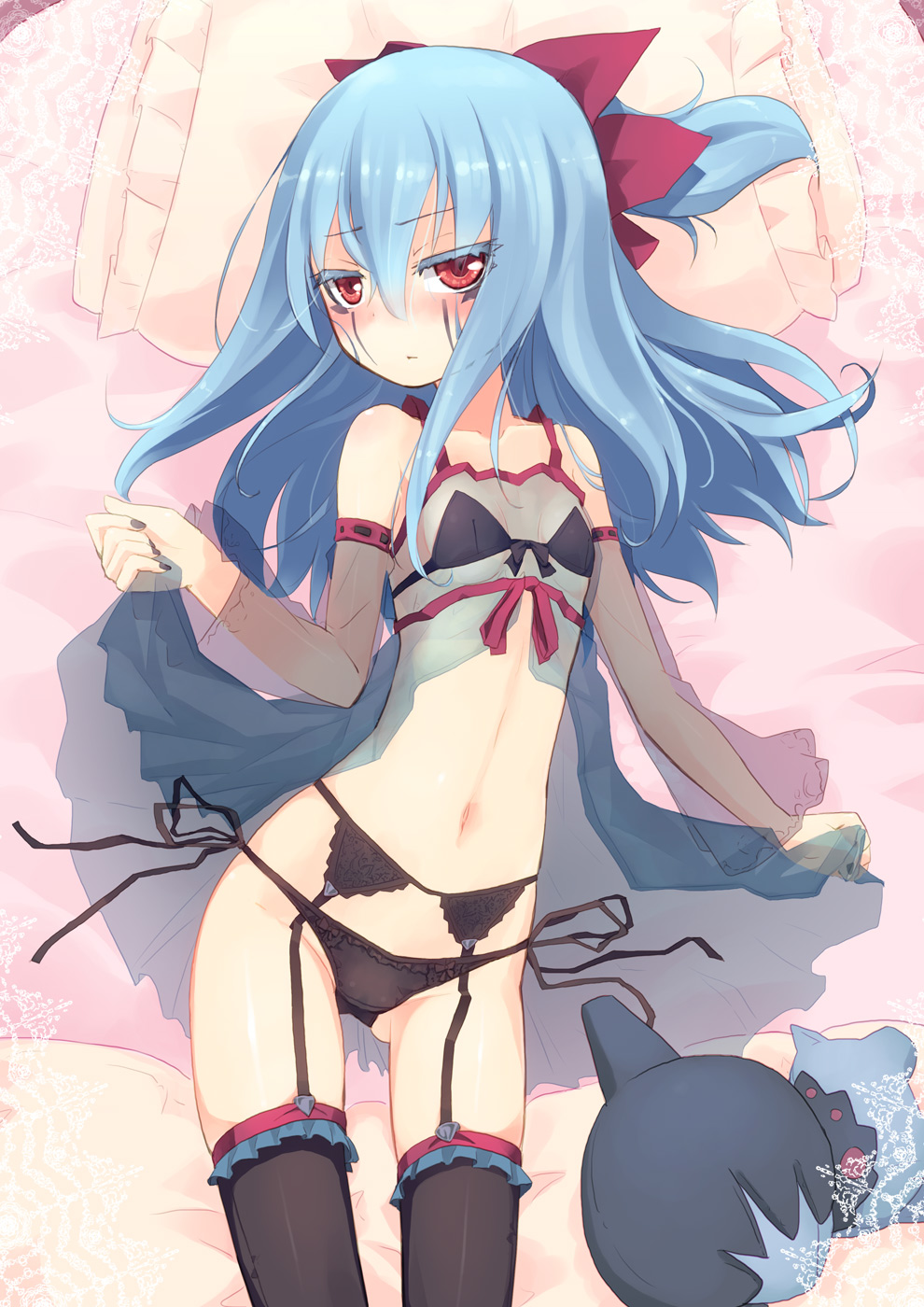 1girls, bare shoulders, black legwear, black panties, blue hair, blush, bow, bra, detached sleeves, facial mark, female, fingernails, flat chest, frame, garter belt, garter straps, hairbow, highres, homura subaru, hydreigon, lingerie, long hair, lying, nail polish, navel, negligee, nintendo, on back, one side up, panties, personification, pokemon, pokemon bw, red eyes, see-through, side-tie panties, skinny, solo, thighhighs, underwear, underwear only