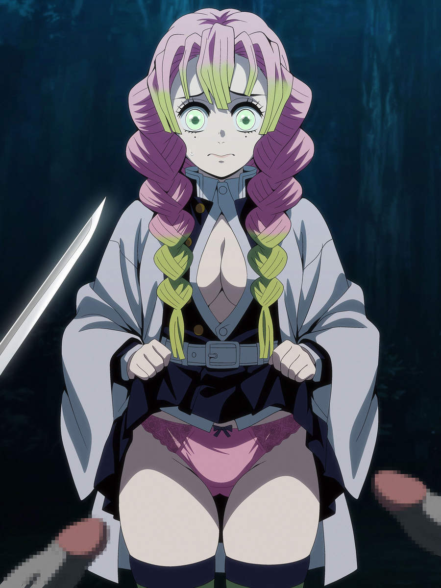 1girl, 2boys, demon slayer, kanroji mitsuri, kimetsu no yaiba, mitsuri kanroji, panties, pink panties, salmon knight, sexual assault, showing panties, skirt lift