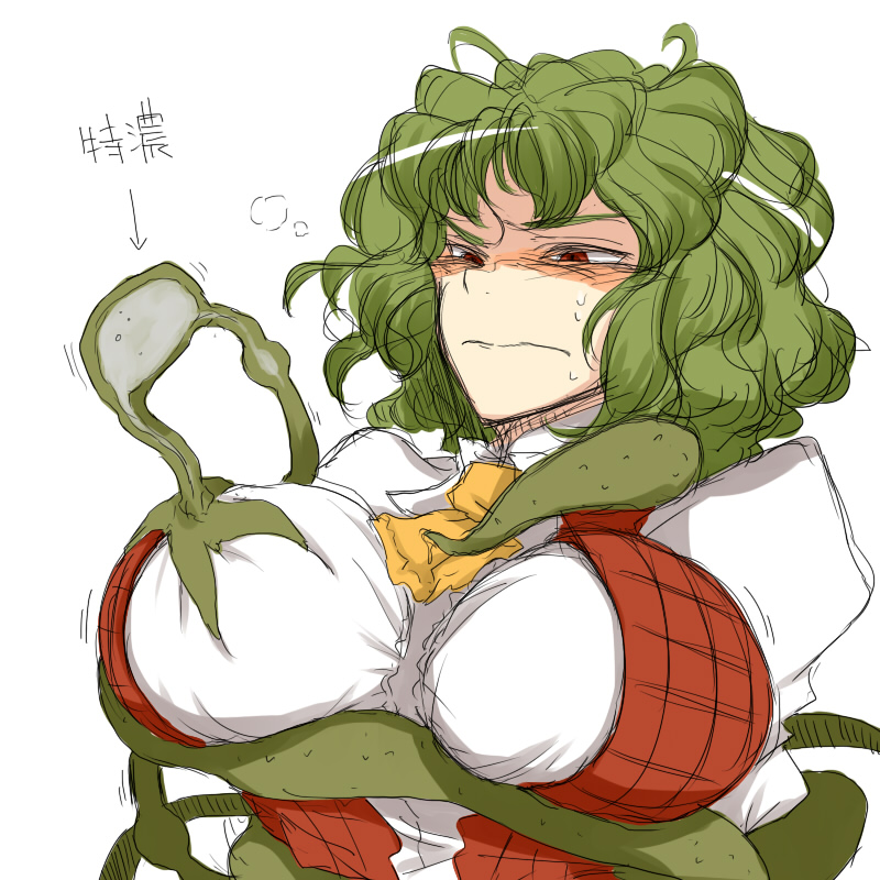 1girls blush bondage breast_sucking breasts chiyoshi_(sevendw) female frown green_hair huge_breasts milking_tentacles red_eyes solo tentacle tentacle_sucking_breasts text toriga_naku touhou translation_request yuka_kazami