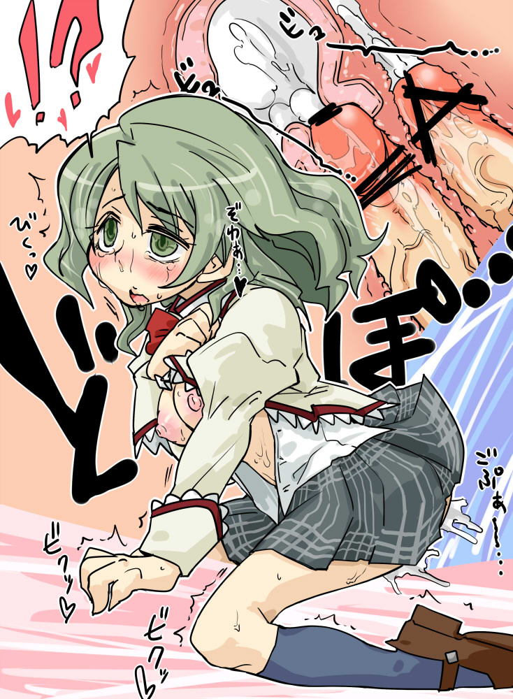 1girls 2boys anal bar_censor blush breasts censored clothed_sex clothing color cum_in_uterus disembodied_penis double_penetration female female_focus from_behind green_eyes green_hair long_hair mahou_shoujo_madoka_magica male open_clothes open_mouth penetration penis plaid_skirt school_uniform seki_(red_shine) sex shirt shizuki_hitomi skirt skirt_lift solo_focus spread_legs straight tears uterus vaginal_penetration