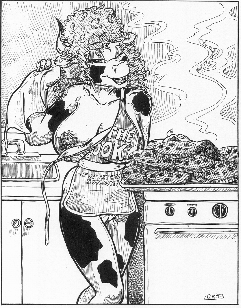 1990s 1999 20th_century anthro apron big_breasts black_fur blonde_hair bovine breasts cookie curly_hair drawn english_text female greyscale hair horn kitchen kitchen_sink looking_at_viewer monochrome naked_apron nipples one_closed_eyes open_mouth oscar_marcus pussy smile solo steam text two_tone_fur white_fur wink