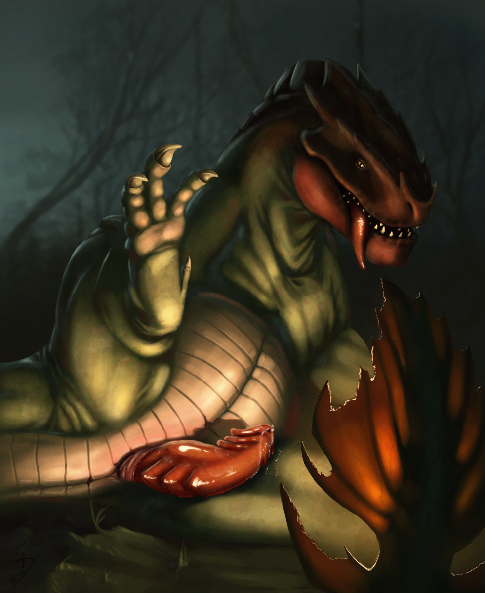 anus belly claws dragon erection forest green_skin hair hindpaw male male_only night nomax on_back open_mouth paws penis precum presenting red_hair scales simple_background solo spread_legs spreading tail_fin teeth tongue tree wood yellow_eyes