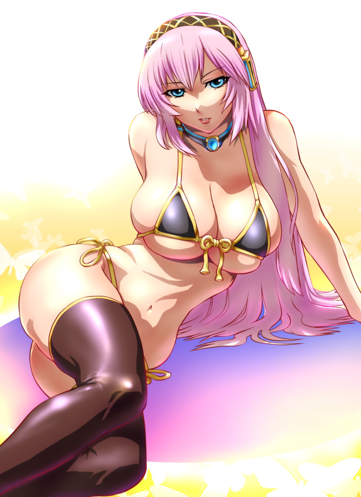 1girls arm_support bikini blue_eyes breasts front-tie_top huge_breasts jewelry long_hair megurine_luka necklace on_side pink_hair shiny side-tie_bikini skindentation solo swimsuit thighhighs ueyama_michirou vocaloid