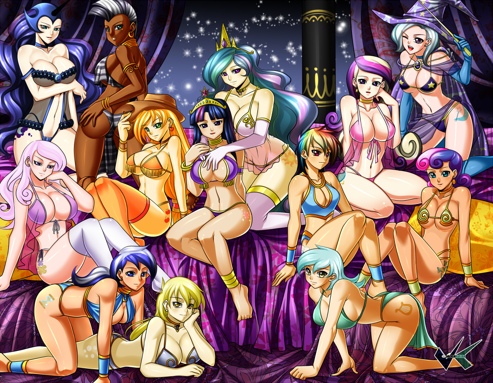 13girls 6+girls applejack_(mlp) arabian_clothes areola ass_grab bikini bonbon_(mlp) breasts cleavage cowboy_hat derp_eyes derpy_hooves_(mlp) female fleur_de_lis_(mlp) friendship_is_magic harem hoop_earrings human humanized jadenkaiba lyra_heartstrings_(mlp) magic_wand minuette_(mlp) my_little_pony nightmare_moon_(mlp) nipples princess_cadance_(mlp) princess_celestia_(mlp) princess_luna_(mlp) princess_twilight_sparkle_(mlp) rainbow_dash_(mlp) stockings straight_hair thighhighs tiara trixie_(mlp) twilight_sparkle_(mlp) voluptuous witch witch_hat yuri zecora_(mlp)