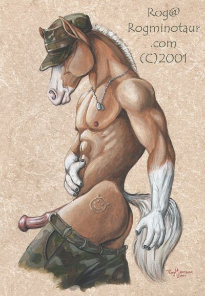 2001 anthro big_penis clothing equine erection fur furry horse male male_only military muscles nude penis pose rog_minotaur solo tattoo