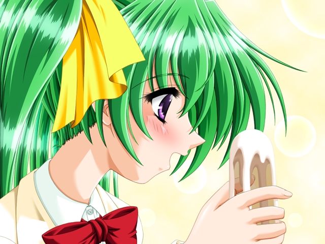 blush female green_hair hair_ribbon long_hair ribbon tied_hair tottemo_pheromone twintails wakabayashi_ayumi