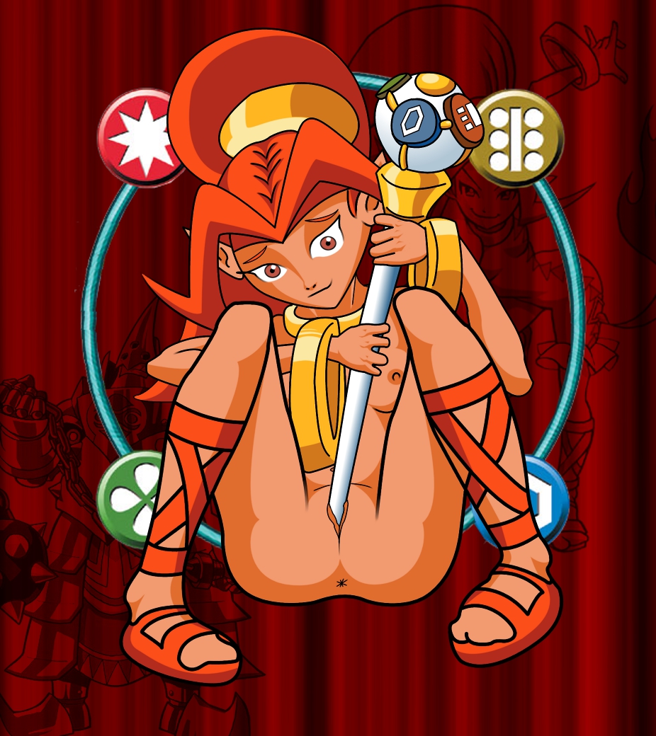 bottomless coy din jewelry looking_at_viewer midnightspook object_insertion open_toe_shoes oracle_of_ages oracle_of_seasons pointy_ears ponytail red_hair sandals smiling the_legend_of_zelda tied_hair topless