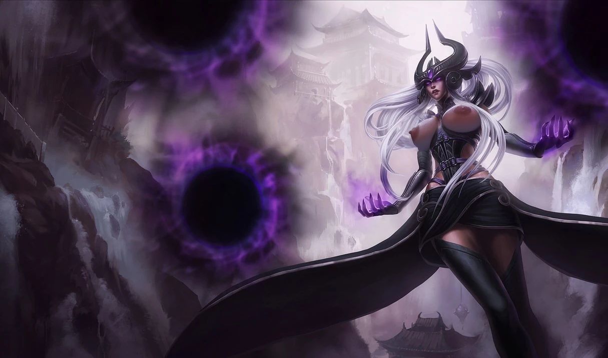 1girls ai_generated curvy dark_nipples edit female huge_breasts league_of_legends lipstick m0m0gachiro magic nude_edit nude_filter revealing_clothes riot_games solo syndra viewed_from_below voluptuous white_hair