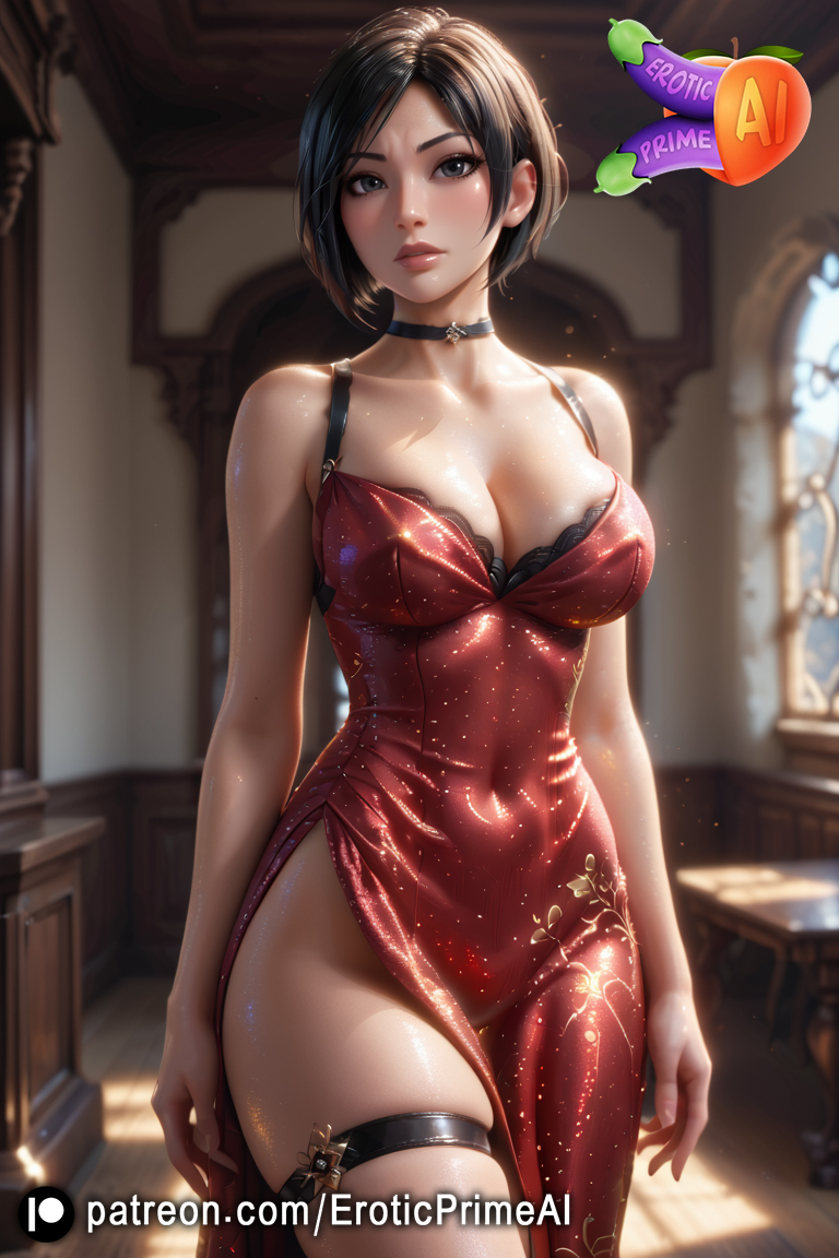 ada_wong ai_generated ass black_eyes black_hair breasts choker curvy curvy_female dress eroticprimeai medium_breasts red_dress resident_evil resident_evil_4 resident_evil_4_remake strap-on white_body white_skin