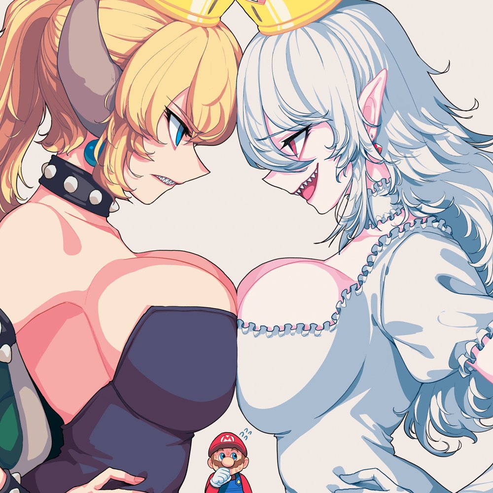 2boy 2girls boosette bowsette breast_press huge_breasts mario mario_(series) multiple_girls sharp_teeth smirk sungwon