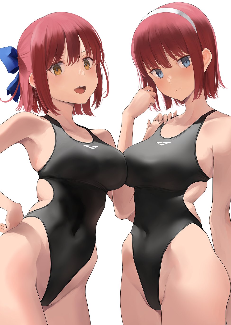 2girls alternate_version_available bare_shoulders blue_eyes blush breasts collarbone competition_swimsuit highres hisui_(tsukihime) kohaku_(tsukihime) large_breasts looking_at_viewer multiple_girls one-piece_swimsuit open_mouth pointy_chin red_hair short_hair smile swimsuit thighs tsukihime wa_(genryusui) yellow_eyes