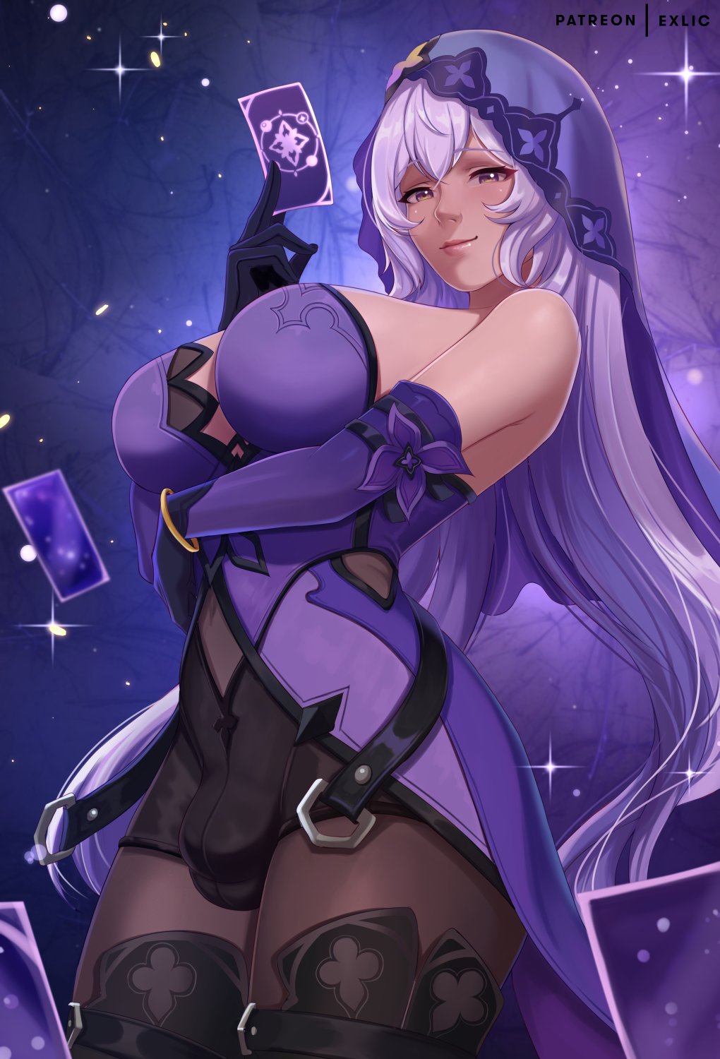 1futa bangs big_breasts black_swan_(honkai:_star_rail) blush breasts buldge clothed clothing erection erection_under_clothes exlic fully_clothed futa_only futanari honkai:_star_rail human light_skin long_hair purple_clothing purple_hair smile solo standing