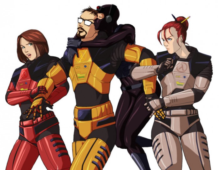 1boy 2014 3girls black_ops_(half-life) black_ops_assassin colette_green fighting_over_boy fully_clothed gina_cross gordon_freeman grabbing_arm half-life hand_holding harem holding_hands hugging hugging_from_behind kiss kissing pout pouting raliugaxxx wholesome