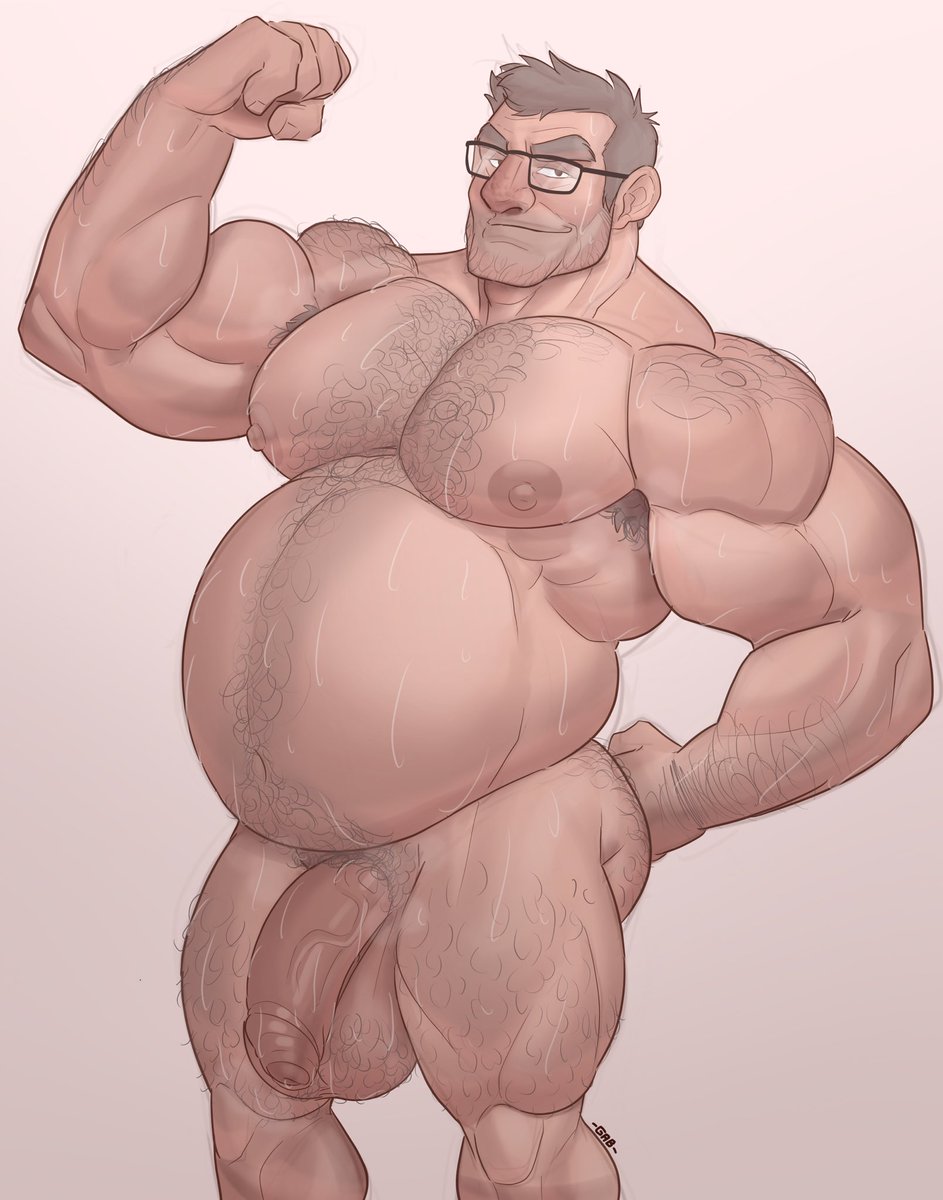 balls bara big_balls big_penis body_hair flaccid flexing gab_art gravity_falls male male_only muscles muscular nude overweight penis solo solo_male stanley_pines sweat sweating