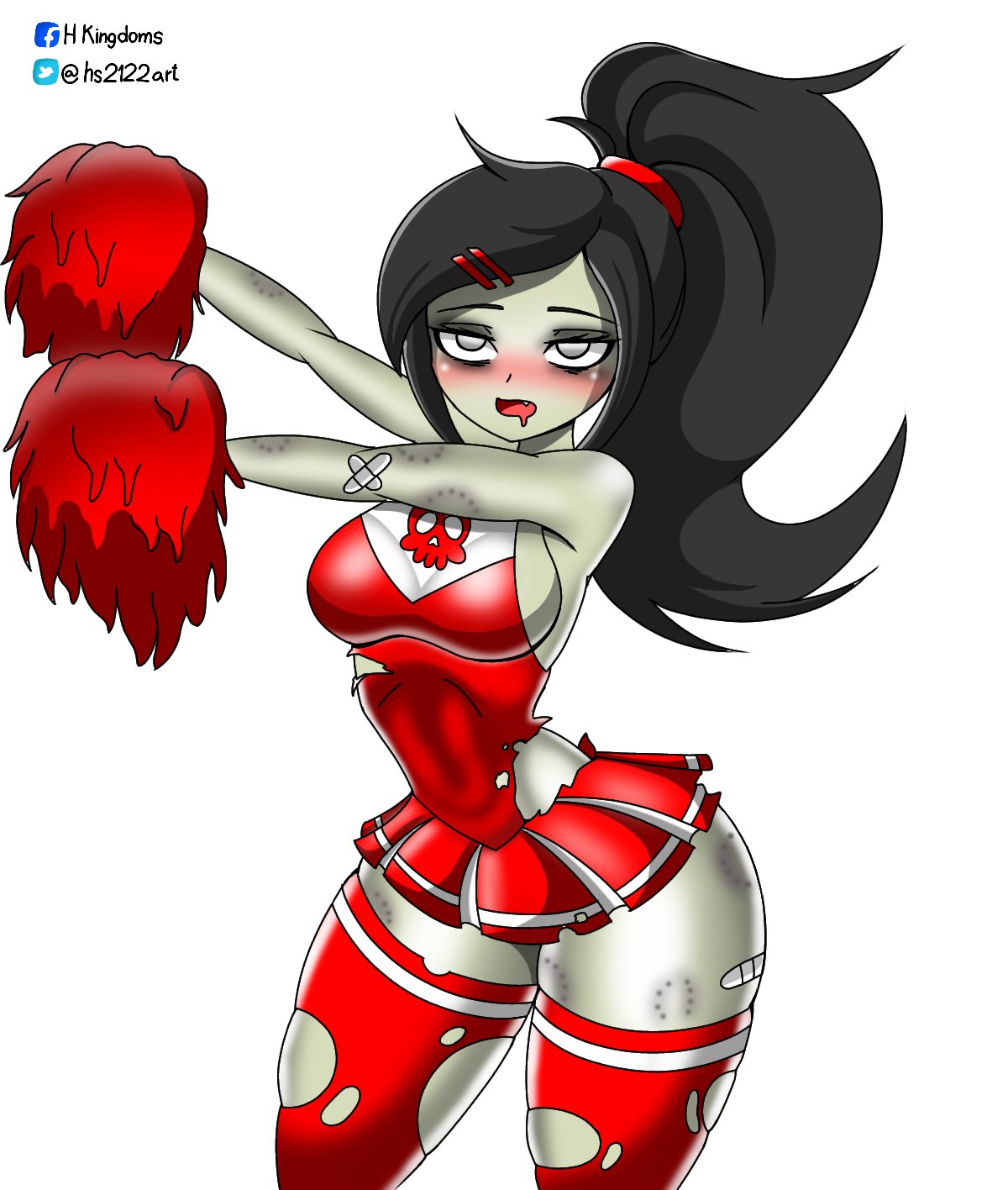 1girls bite_mark black_hair cheerleader cheerleader_zombie female fully_clothed hs2122 plants_vs_zombies pom_poms ponytail popcap_games pvz ripped_clothing short_skirt skirt stockings thick_thighs thighhighs thighs zombie zombie_(pvz) zombie_girl