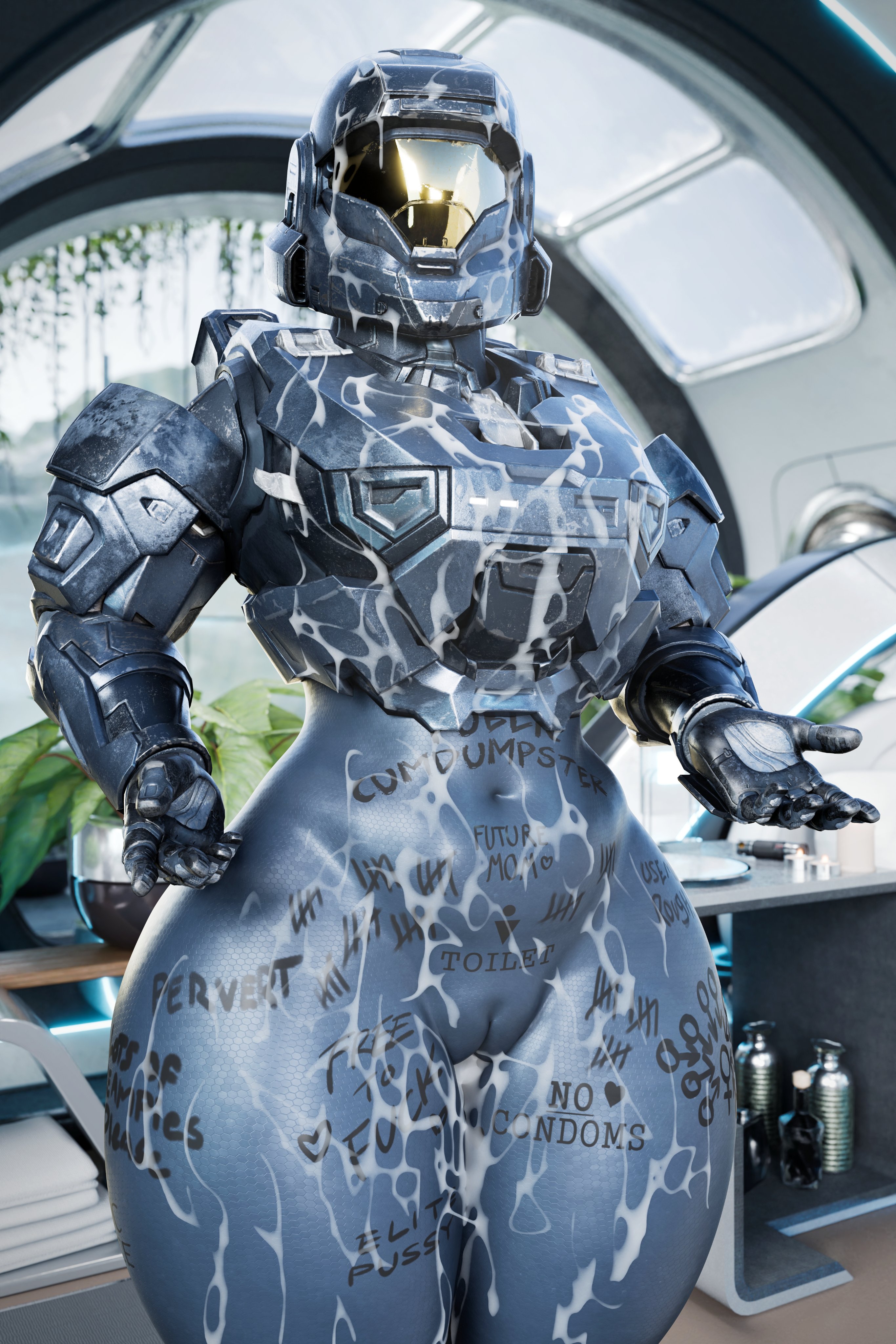 2024, 3d, armored female, body writing, bodysuit, bodywriting, cameltoe, cum on body, female, female spartan (halo), guidugalle, guimontag, halo (series), lizzy (guimontag), power armor, pussy, rigid3d (model), spartan (halo), tally marks, thick thighs