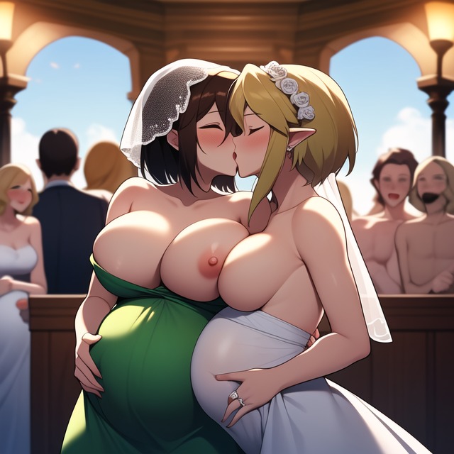 ai_generated blonde_hair breasts_out bridal_veil bride bride_and_bride happy_ending kissing lesbian_marriage lesbian_wedding link married_couple multiple_pregnancies pregnant rule_63 the_legend_of_zelda wedding_dress wedding_ring wedding_veil wife_and_wife yuri yuri_wedding