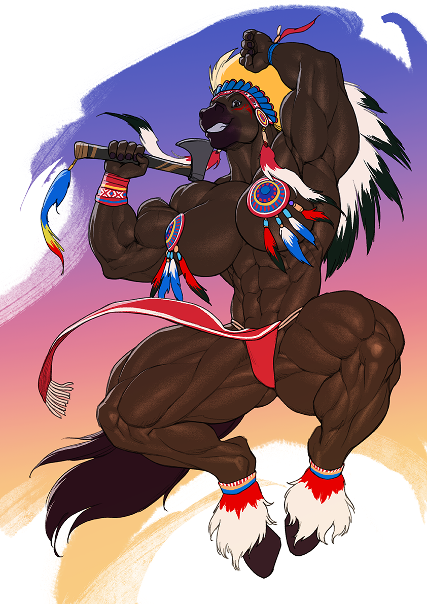 2024 abs anthro axe biceps big_breasts big_muscles bottomwear breasts brown_body brown_fur clothing deltoids equid equine extreme_muscles female fur headdress holding_object holding_weapon hooves horse huge_breasts huge_muscles loincloth mammal muscular muscular_anthro muscular_female pasties pecs pecs_with_breasts pokkuti quads solo tribal triceps weapon