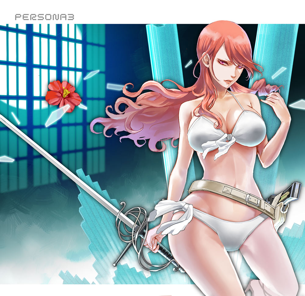 1female 1girls 2d 2d_(artwork) atlus bare_arms bare_legs bare_midriff bare_shoulders bare_thighs belly_button belt big_breasts bikini bikini_bottom bikini_top black_high_heels cleavage dungeon female_only flower girl_only gun high_heels high_quality light-skinned_female light_skin long_hair midriff mitsuru_kirijo moon moonlight navel only_female only_girl persona persona_3 rapier red_eyes red_hair sword thick_thighs tropical_flower white_belt white_bikini white_bikini_bottom white_bikini_top window window_light