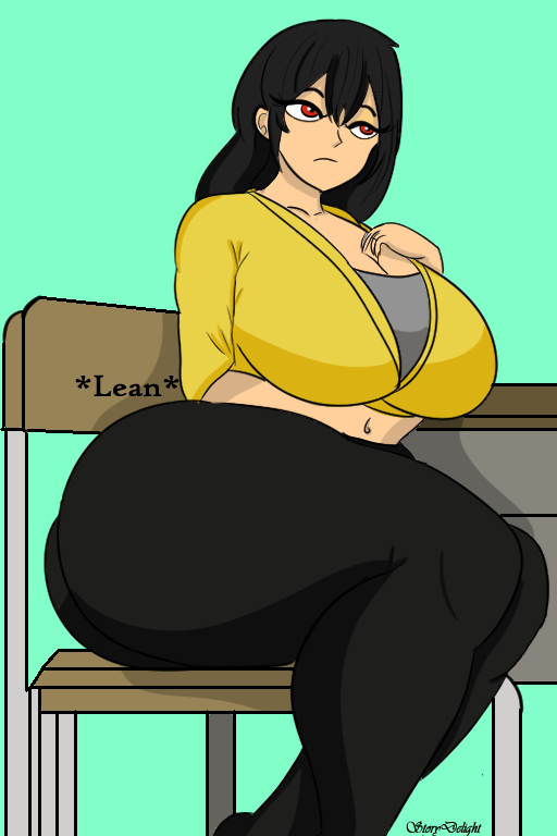 ass black_hair black_pants fat_ass huge_ass red_eyes sitting sitting_on_chair star_hazaku thick_thighs yellow_sweater