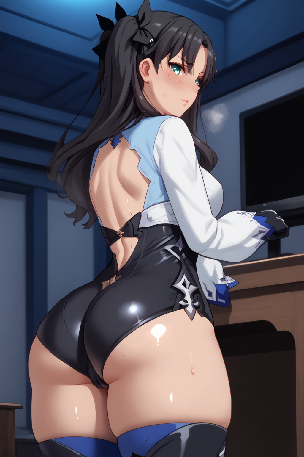 1girls ai_generated ass ass_focus backless_outfit black_legwear black_leotard black_thighhighs eula_(genshin_impact) eula_(genshin_impact)_(cosplay) fat_ass fate/stay_night fate_(series) female female_only genshin_impact gloves heavy_breathing huge_ass indoors looking_at_viewer medium_breasts night shiny_skin shorts solo sweat thick_thighs thigh_boots thigh_strap thighhighs tight_clothing tohsaka_rin