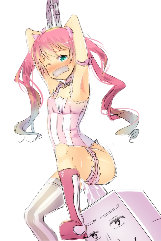 armpits blush bondage boots bottle bow chained chains cupcake-chan gag gagged green_eyes hairbow leotard long_hair magister_(bigbakunyuu) mismatched_legwear original pink_hair predicament_bondage pussy_juice rough_sketch single_thighhigh solo striped striped_legwear tape tape_gag thigh_strap thighhighs tied_hair twintails vaginal_insertion wince