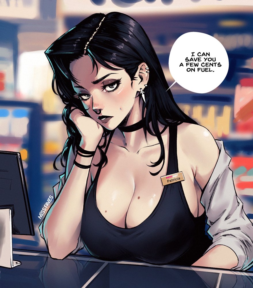 1girls black_hair breasts busty cash_register cashier cleavage english_text female gas_station goth goth_girl human large_breasts looking_at_viewer missfaves original text