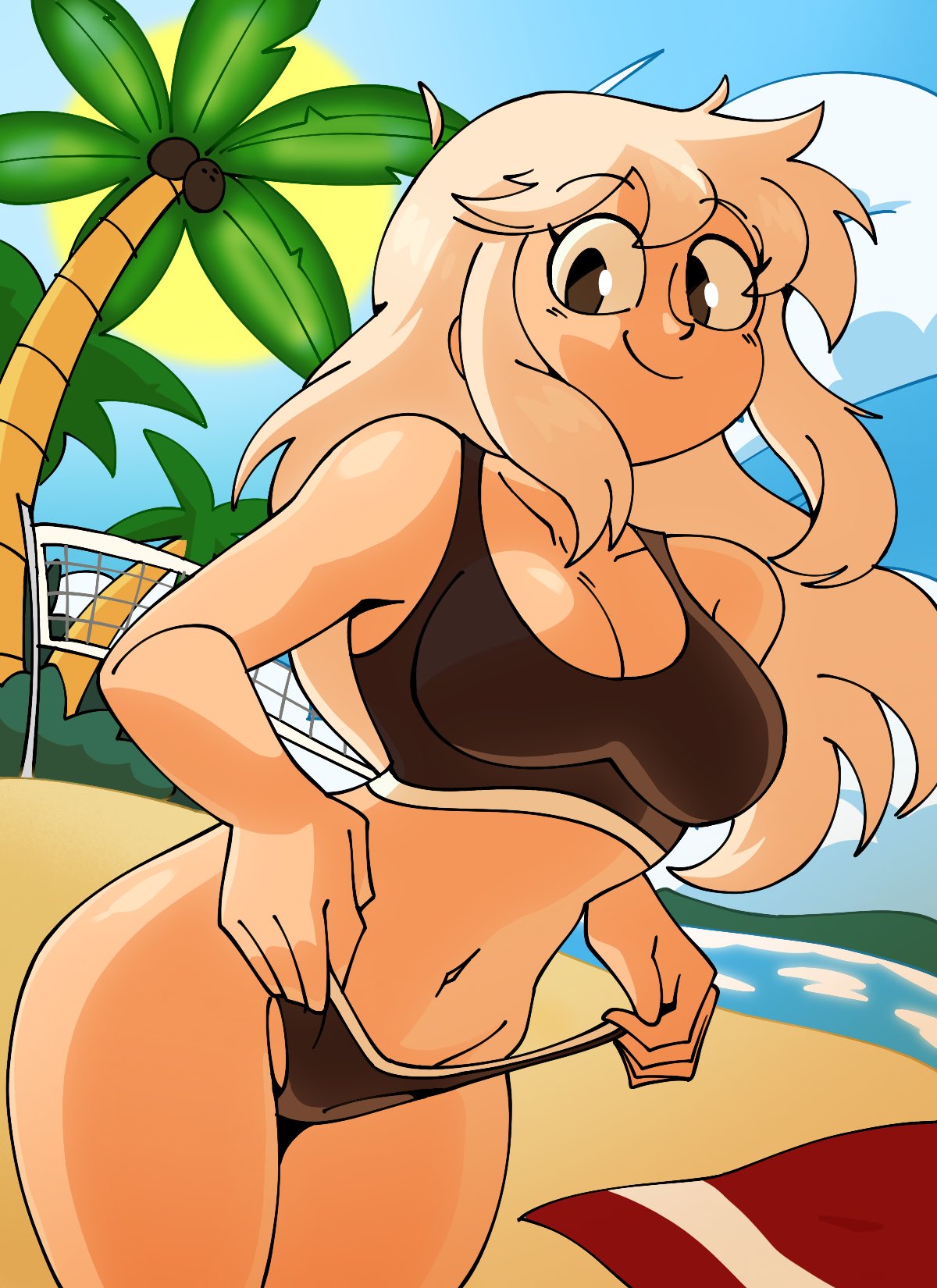 beach blonde_hair brown_eyes female looking_at_viewer medium_breasts midriff navel panty_pull quintzy_xd sports_bra underwear wide_hips