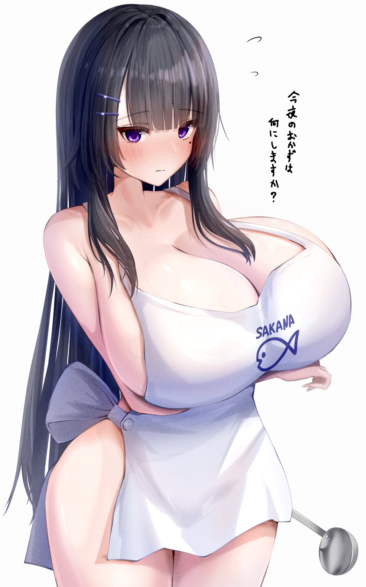 1girls apron apron_only arm_under_breasts bangs black_hair blush blush breast_focus breasts breasts_bigger_than_head busty cleavage collarbone curvaceous curvy curvy_female curvy_figure embarrassed enormous_breasts female female_focus female_only gigantic_breasts hair_ornament hairclip heart-shaped_mole holding_object huge_breasts japanese_text ladle large_breasts long_hair looking_at_viewer massive_breasts metae mole mole_under_eye original original_character purple_eyes simple_background slim_waist solo standing text thick_thighs thighs thin_waist top_heavy top_heavy_breasts veiny_breasts voluptuous voluptuous_female white_background wide_hips